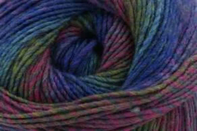 May include: Close-up of a ball of yarn with a variegated color pattern. The yarn features a blend of colors, including shades of blue, pink, green, and purple. The yarn is tightly wound, revealing the texture and individual strands.