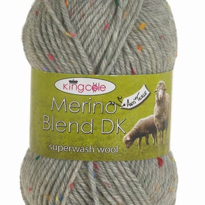 May include: A ball of King Cole Merino Blend DK superwash wool yarn in a speckled grey colour with multi-coloured flecks.