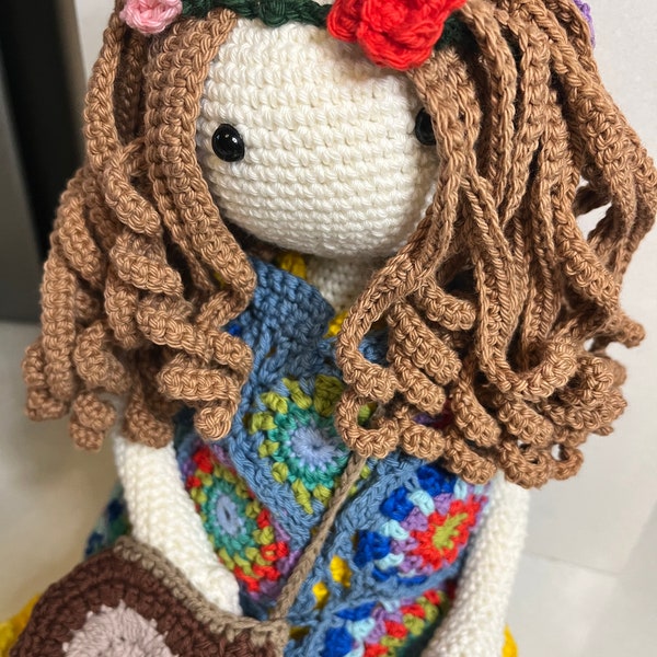 Handmade unique one of kind crocheted doll with granny square dress and bag for newborn baby shower soft doll gift for boys and girls