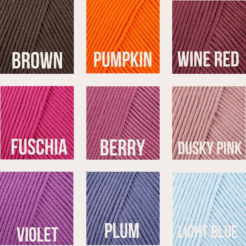 May include: A color chart of yarn samples in various shades of brown, orange, red, pink, purple, and blue. The yarn samples are labeled with the following names: Brown, Pumpkin, Wine Red, Fuschia, Berry, Dusky Pink, Violet, Plum, and Light Blue.