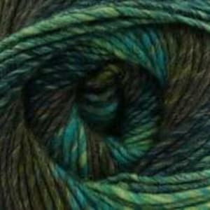 May include: Close-up of a skein of yarn in shades of green, teal, and brown. The yarn is tightly wound, revealing a textured surface. The colors blend together, creating a marbled effect. Ideal for knitting or crocheting projects.