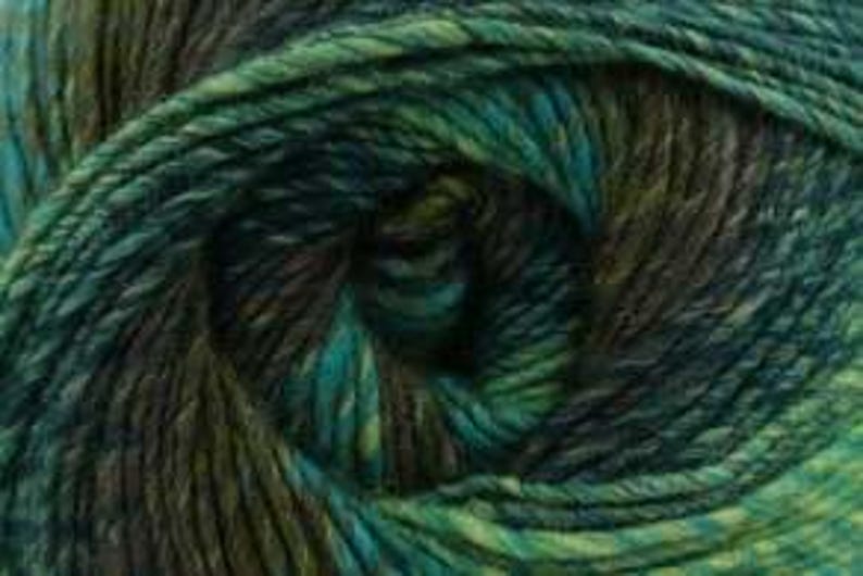 May include: Close-up of a skein of yarn in shades of green, teal, and brown. The yarn is tightly wound, revealing a textured surface. The colors blend together, creating a marbled effect. Ideal for knitting or crocheting projects.