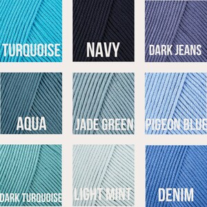 May include: A color chart showing yarn samples in various shades of blue and green. The colors include turquoise, navy, dark jeans, aqua, jade green, pigeon blue, dark turquoise, light mint, and denim.