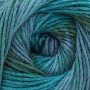 May include: Close-up of a skein of yarn in shades of teal, blue, and green. The yarn is tightly wound, revealing a spiral pattern. The texture appears soft and slightly textured, ideal for knitting or crocheting projects.