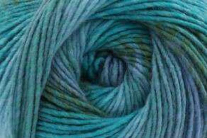 May include: Close-up of a skein of yarn in shades of teal, blue, and green. The yarn is tightly wound, revealing a spiral pattern. The texture appears soft and slightly textured, ideal for knitting or crocheting projects.
