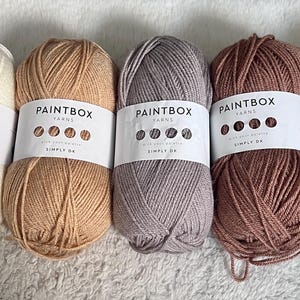 May include: Five balls of yarn in different colours: white, beige, grey, brown, and dark brown. Each ball has a label that says "Paintbox Yarns Simply DK".
