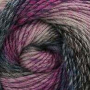 May include: Close-up of a ball of yarn with a blend of colors. The yarn features shades of pink, purple, gray, and blue. The fibers are tightly wound, creating a textured appearance. This yarn is suitable for knitting and crochet projects.