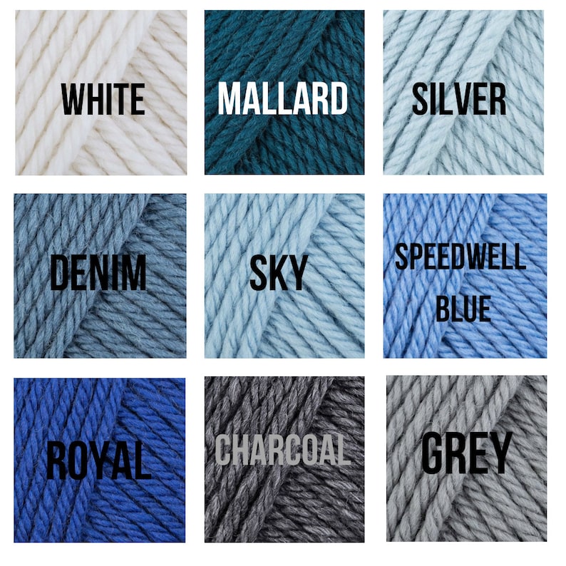 May include: Nine yarn skeins in various colors, including white, silver, mallard blue, denim blue, sky blue, speedwell blue, royal blue, charcoal gray, and gray.