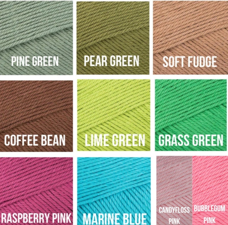 May include: Nine skeins of yarn in various colors, including Pine Green, Pear Green, Soft Fudge, Coffee Bean, Lime Green, Grass Green, Raspberry Pink, Marine Blue, and two shades of pink labeled Candyfloss and Bubblegum.