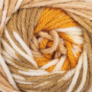 May include: Close-up of a ball of yarn with brown, white, and orange stripes. The yarn is soft and fluffy, and the colors are vibrant.