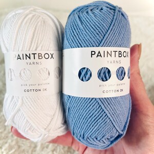 May include: Two balls of yarn, one white and one light blue, with the label "PAINTBOX YARNS" and "COTTON DK" on each.
