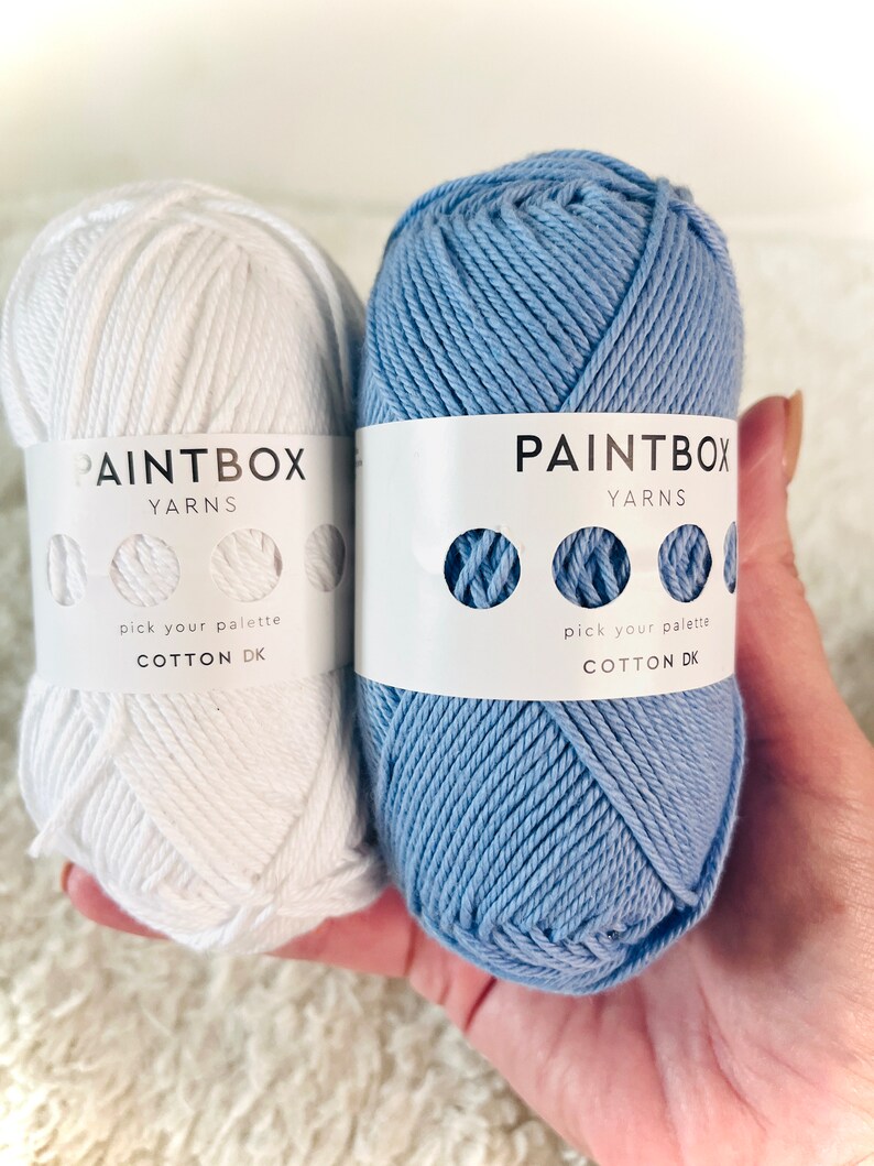 May include: Two balls of yarn, one white and one light blue, with the label "PAINTBOX YARNS" and "COTTON DK" on each.