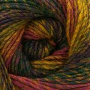 May include: Close-up of a ball of yarn with a blend of colors including yellow, green, purple, and red. The yarn is tightly wound, showing the texture and individual strands. Ideal for knitting or crocheting projects.