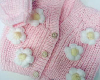 Oversized Cardigan Large Flowers Daisy Sweater Handmade Baby Newborn Toddler Jumper 0-6 Months Crocheted Chunky Knit Cardigan Embroidered