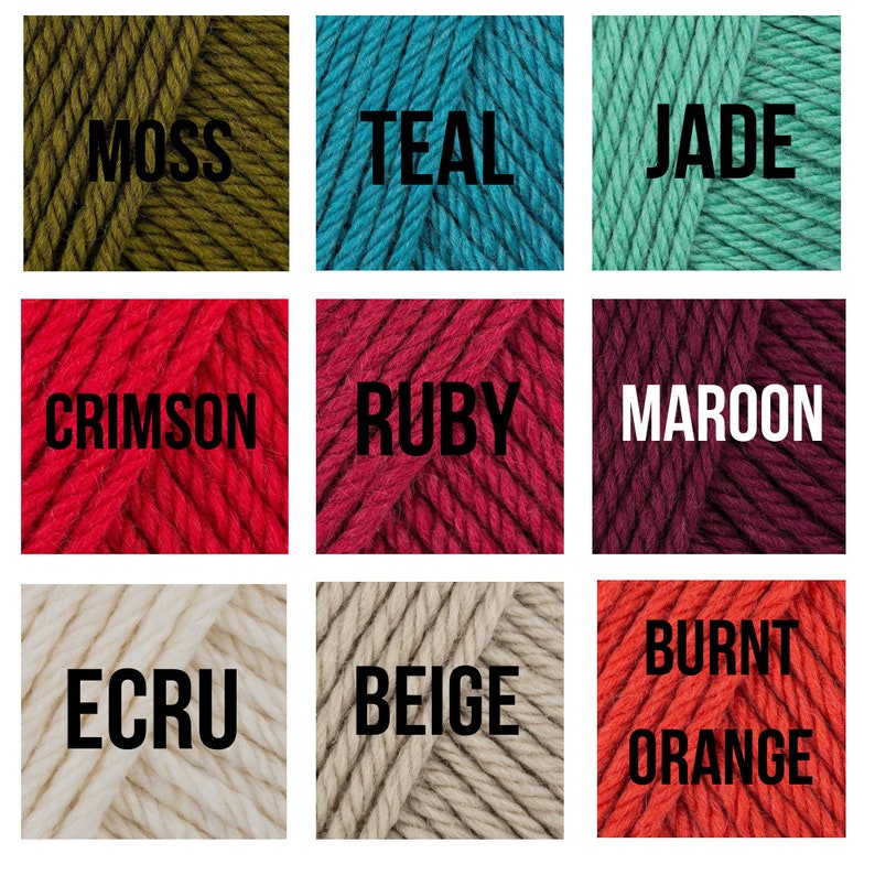 May include: Nine yarn skeins in various colors, including moss green, teal, jade, crimson, ruby, maroon, ecru, beige, and burnt orange.
