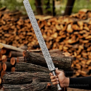 Hand Forged Damascus Steel Viking Tanto Sword - 28 inch with Leather Sheath