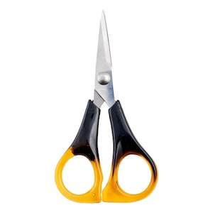 May include: Small, sharp scissors with silver blades and black and yellow handles. The scissors are open, ready for use. The handles have a rounded design for comfortable gripping. Ideal for detailed cutting tasks.