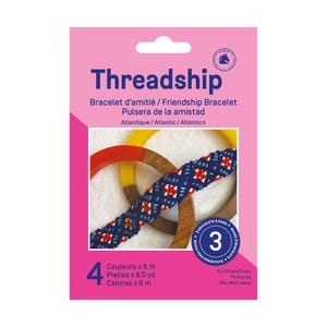 May include: A pack of Threadship friendship bracelet making supplies. The pack is pink and features a photo of a blue, red and white friendship bracelet. The pack includes 4 colours of thread, each 6 metres long. The pack also includes instructions for making a 6-strand friendship bracelet.
