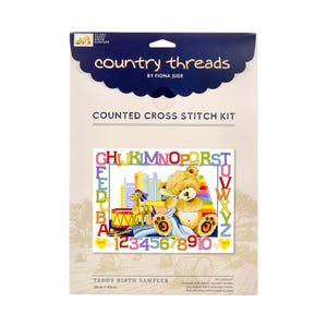 Fiona Jude Country Threads – Cross Stitch Birth Sampler Kit – Little Teddy