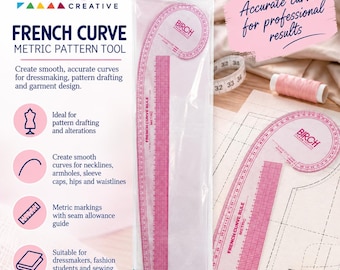 Puede incluir: Una regla curva francesa métrica de plástico transparente de Birch Creative, empaquetada en una funda. La herramienta presenta marcas de cuadrícula rosas y un borde curvo para trazar. El texto en el empaque dice Birch Creative French Curve.