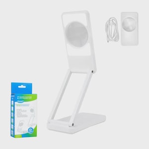 May include: A white folding magnifier with a dimmable light. The magnifier has a circular lens and a rectangular base. A charging cable and a separate light component are also included. The product is packaged in a blue and green box with product details.