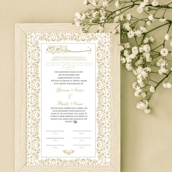 Nikkah Islamic Wedding Certificate Printable, Muslim Marriage Art, Marriage Ceremony Decor personalised