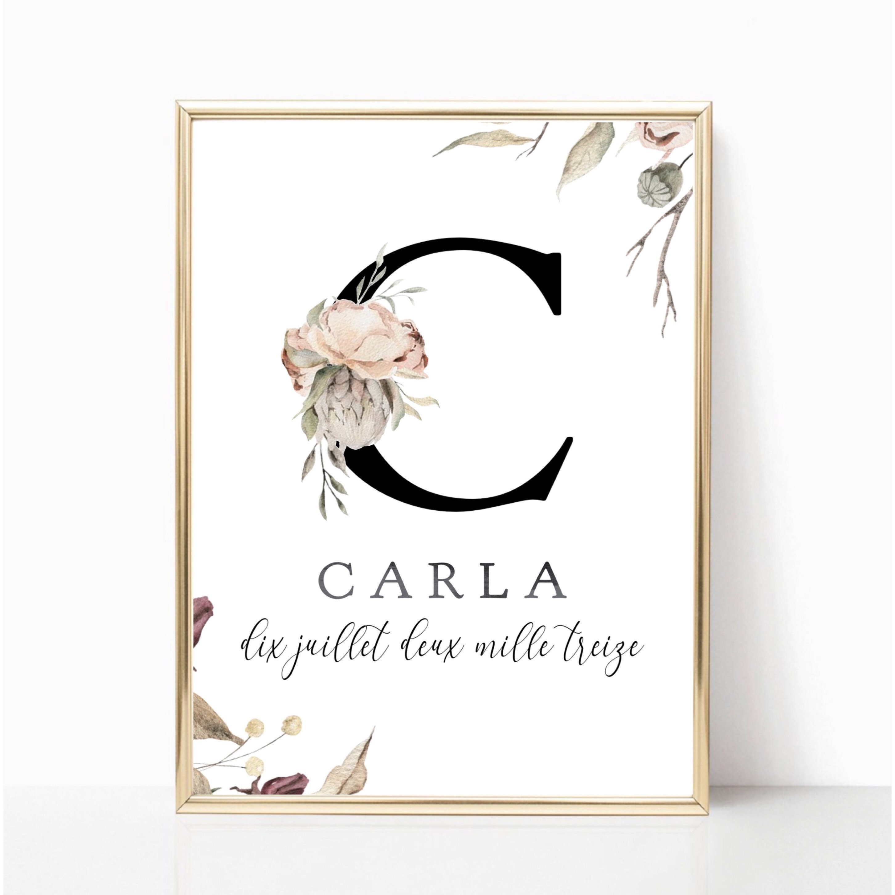 Affiche Naissance Initiale - Fleurs Crème A4