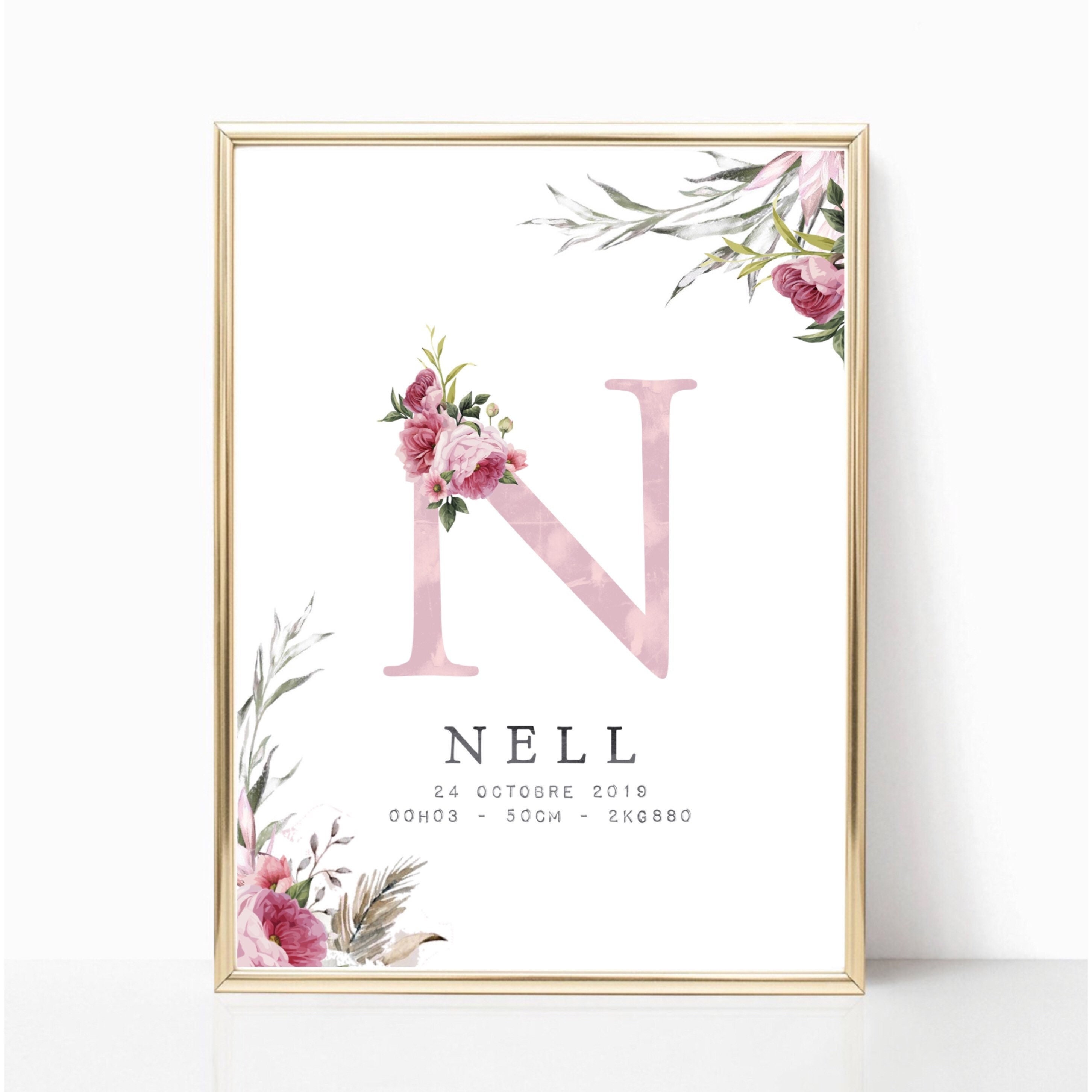 Affiche Naissance Initiale - Fleurs Roses A4
