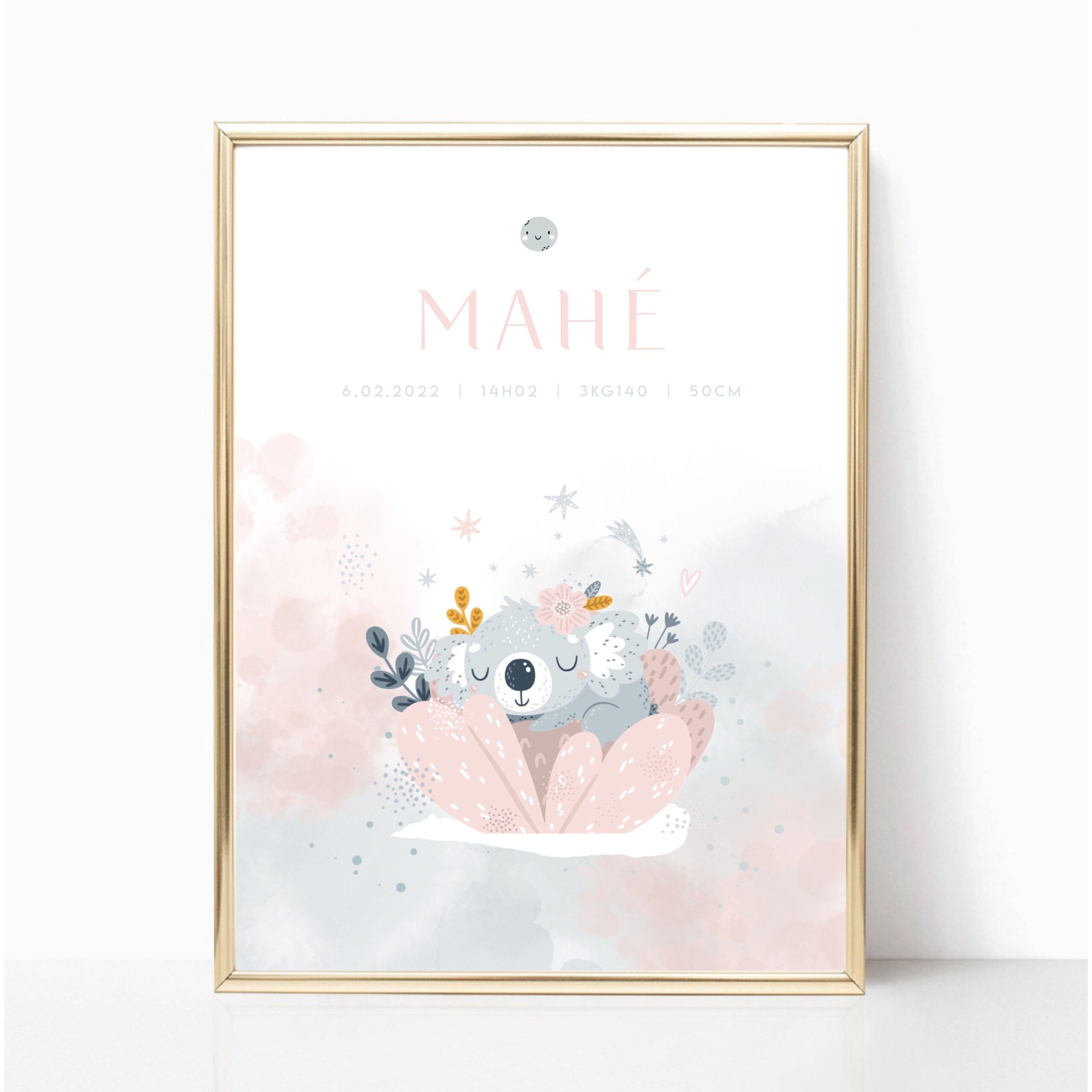 Affiche Naissance - Koala Rose A4