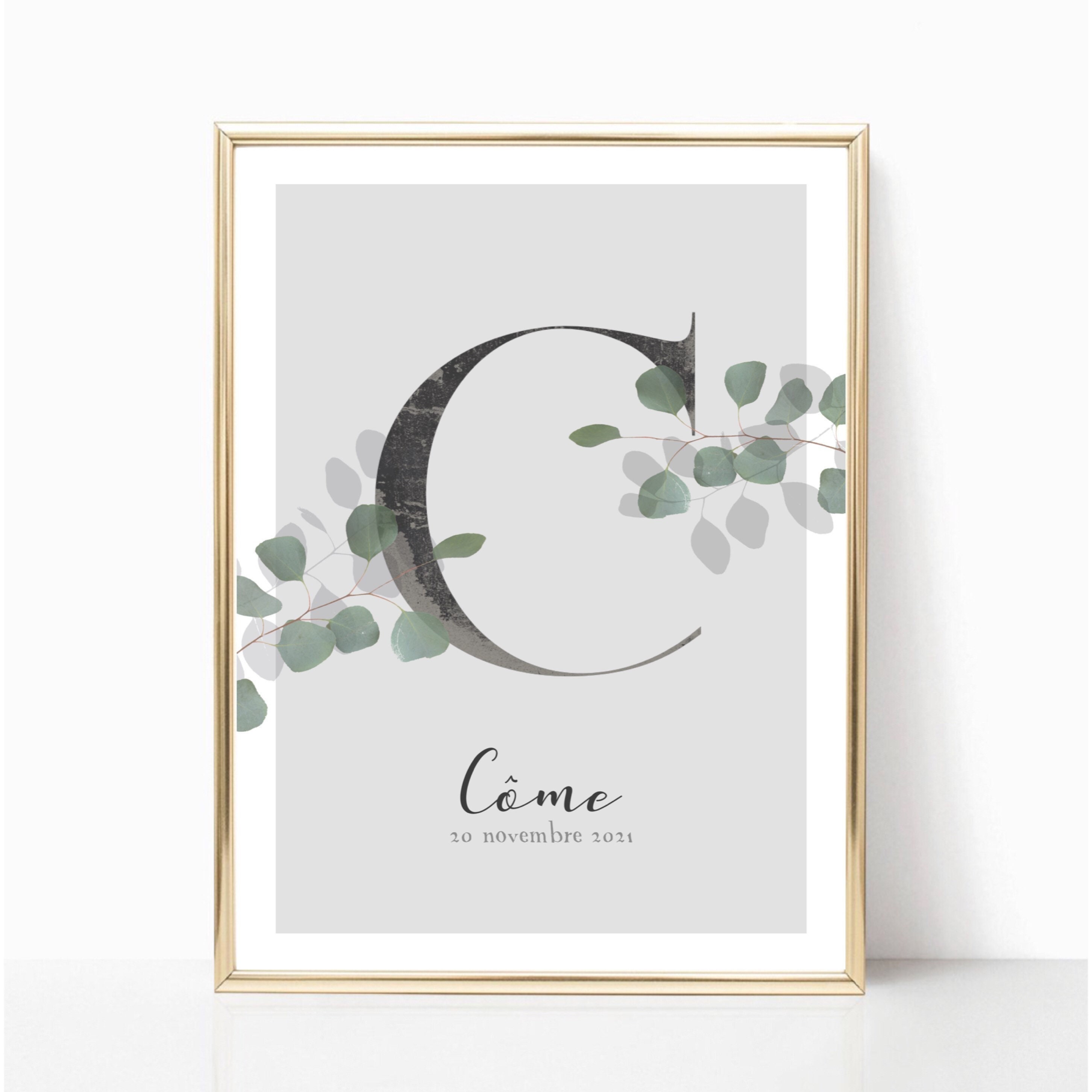 Affiche Naissance Initiale Branche d'eucalyptus - Gris 2 A4