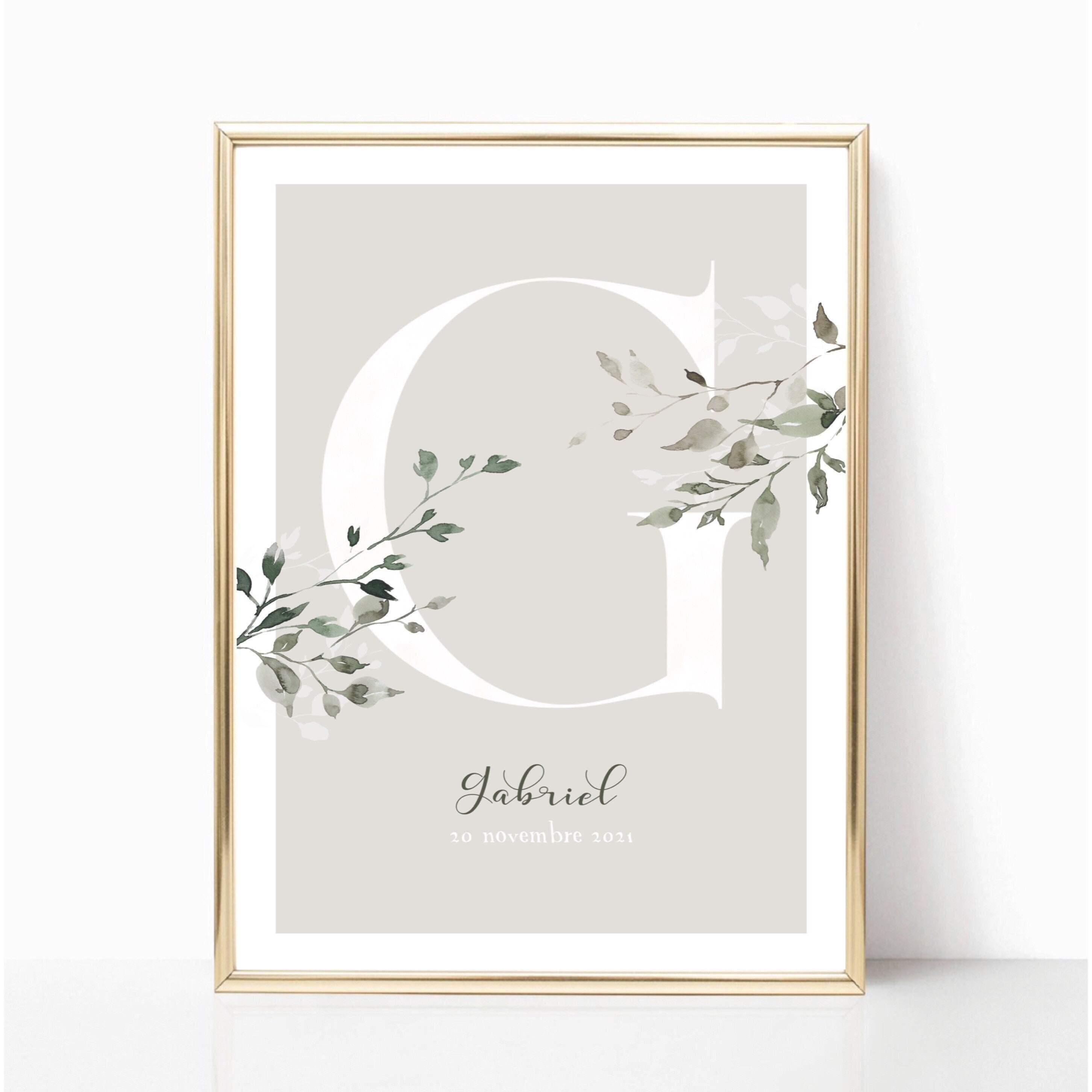 Affiche Naissance Initiale Feuillages - Vert 2 A4