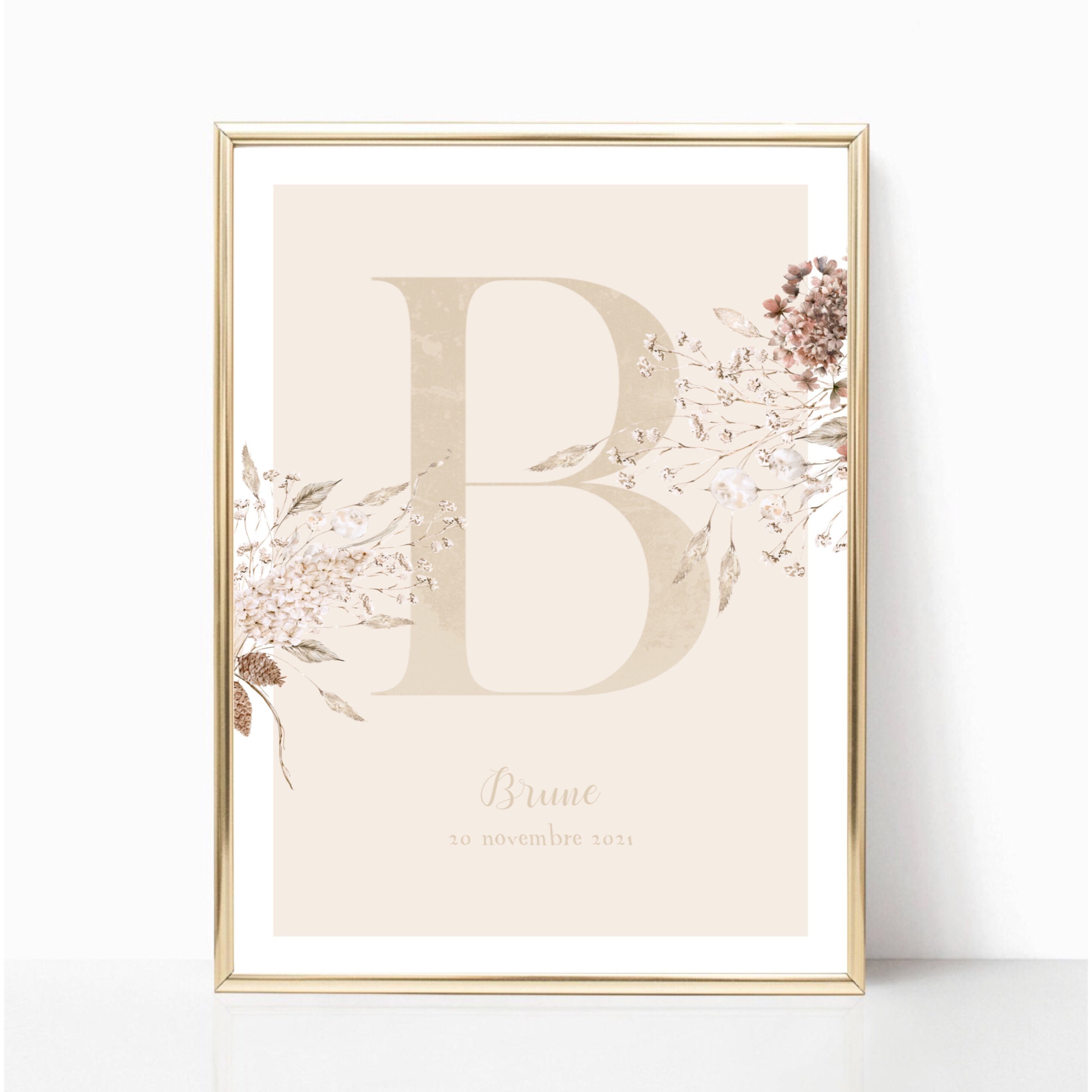 Affiche Naissance Initiale Bouquet d'hiver - Crème A4