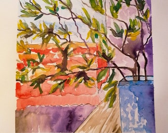 Still life Watercolour with Willow & Blue Vase