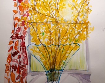 Nature morte avec forsythia et rideaux de velours