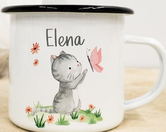 Emaille Tasse zweiseitig hochwertig bedruckt Tasse Becher Katze mit Schmetterling Kindergeburtstag Geschenk Geburt Tasse Personalisiert