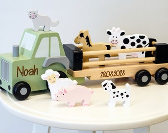 Jabadabado tractor with trailer and farm animals wooden toy customizable with desired name