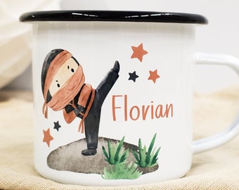 Emaille Tasse zweiseitig hochwertig bedruckt Tasse Becher Ninja Shinobi Kindergeburtstag Geschenk Geburt Personalisiert