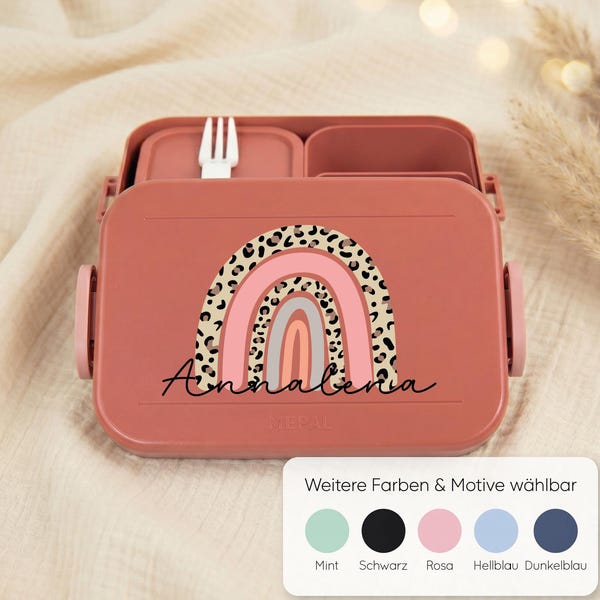 Mepal personalized lunchbox with name, rainbow leopard design, for children, girls, daycare, kindergarten, first day of school