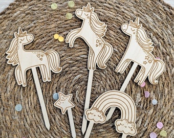 Cake Topper aus Holz Tortenstecker Einhorn Einhörner Unicorns Set