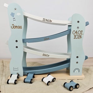 Marble run, baptism, marble run blue, personalized, race track, highway wood, marble run baby, personalized car slide, baby room boy image 1