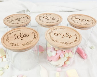 Vorratsglas mit Holzdeckel - individuell und hochwertig graviert - mit deinem Wunschnamen personalisiert - Hochzeit, Geburtstag, Taufe