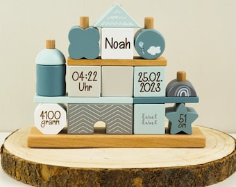 Label Label - Holz - Steckspiel - Traumhaus - Blau - personalisierbar mit Name und Geburtsdaten - Lasergravur oder Plott