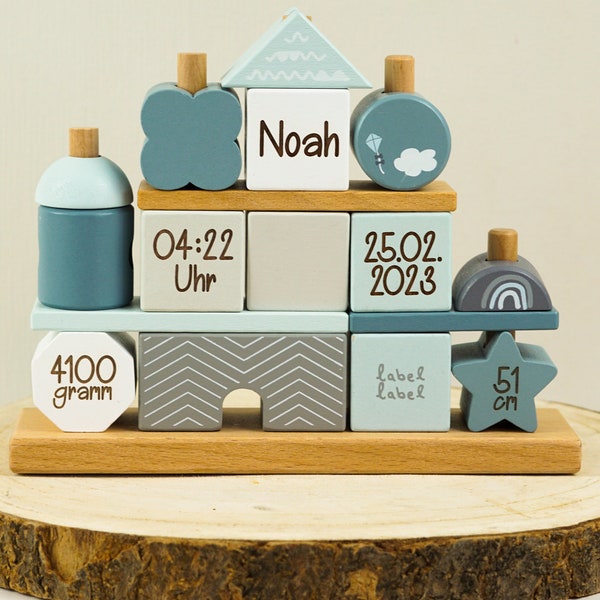 Label Label - Holz - Steckspiel - Traumhaus - Blau - personalisierbar mit Name und Geburtsdaten - Lasergravur oder Plott