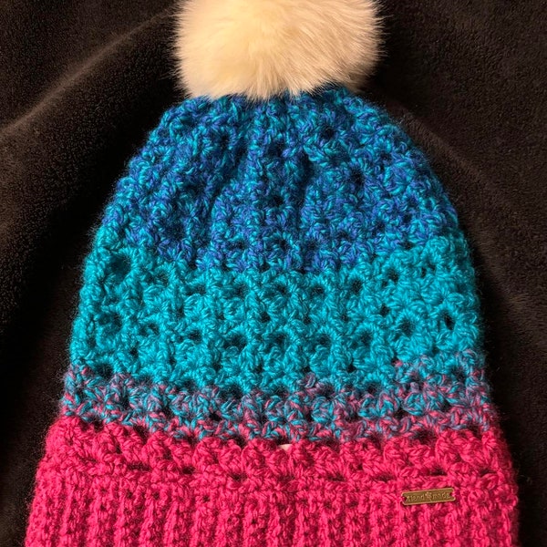 Adult Hat | Slouchy Hat | Pom Pom Hat | Women's Hat | Multi Colored Hat | Handmade | Crocheted Hat | Winter Hat