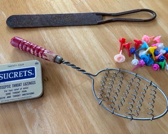 Vintage Kitchen Gadgets|  Swans Cake Flour Spatula |  Coil Whisk | Spiral Whisk | Vintage Plastic Flower Candle Holders | Vintage Sucret Tin