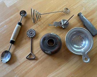 Vintage Kitchen Gadgets | Melon Baller | Bottle Openers | Hand Held Grater | Wire Whisk | Donut Holers | Cookie Cutter