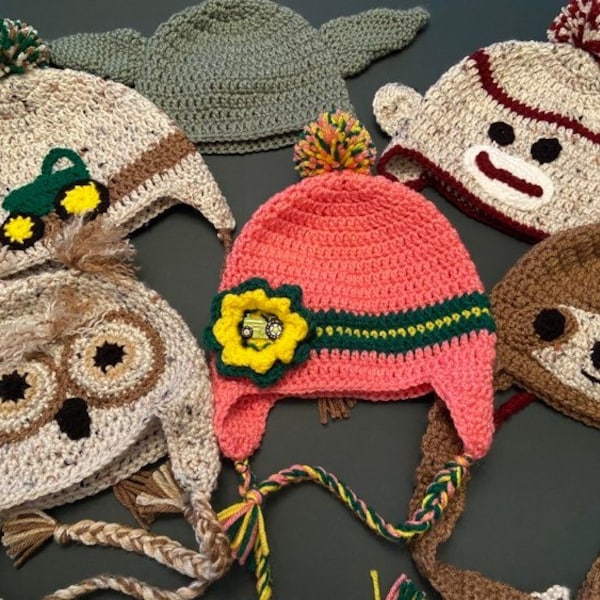 Character Hats | Sloth Hat | Baby Yoda Hat | Sock Monkey Hat | Crocheted Hat | Infant Hat | Toddler Hat | Preschooler | Boy Hats | Girl Hats