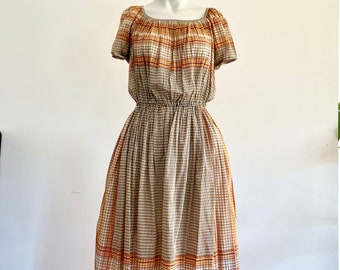 Vintage Christian Aujard  Dress, Beautiful Cotton Midi with Elastic Waist and Pockets, Rust and Orange Check Pattern, 1980s Great Condition