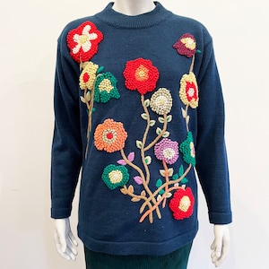 Wool blend vintage unique floral embroidered colorful knit pullover sweater for women. Warm winter wool jumper sweater.