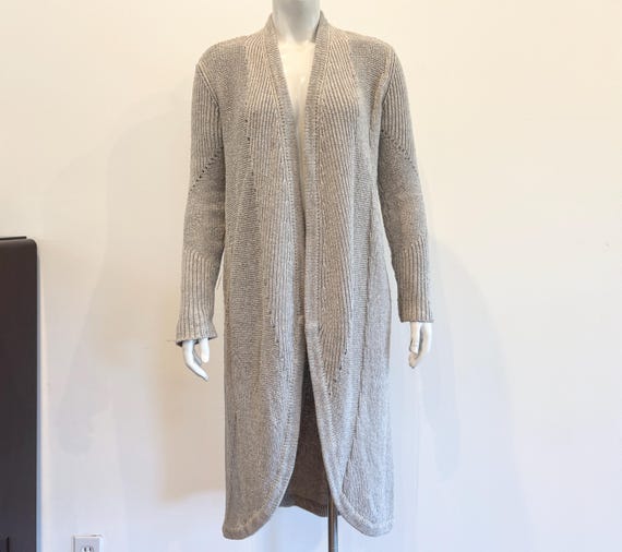 Helmut Lang, Vintage Helmut Lang Designer Long Gray Cardigan 1990s Minimalist Knit Open Front Sweater